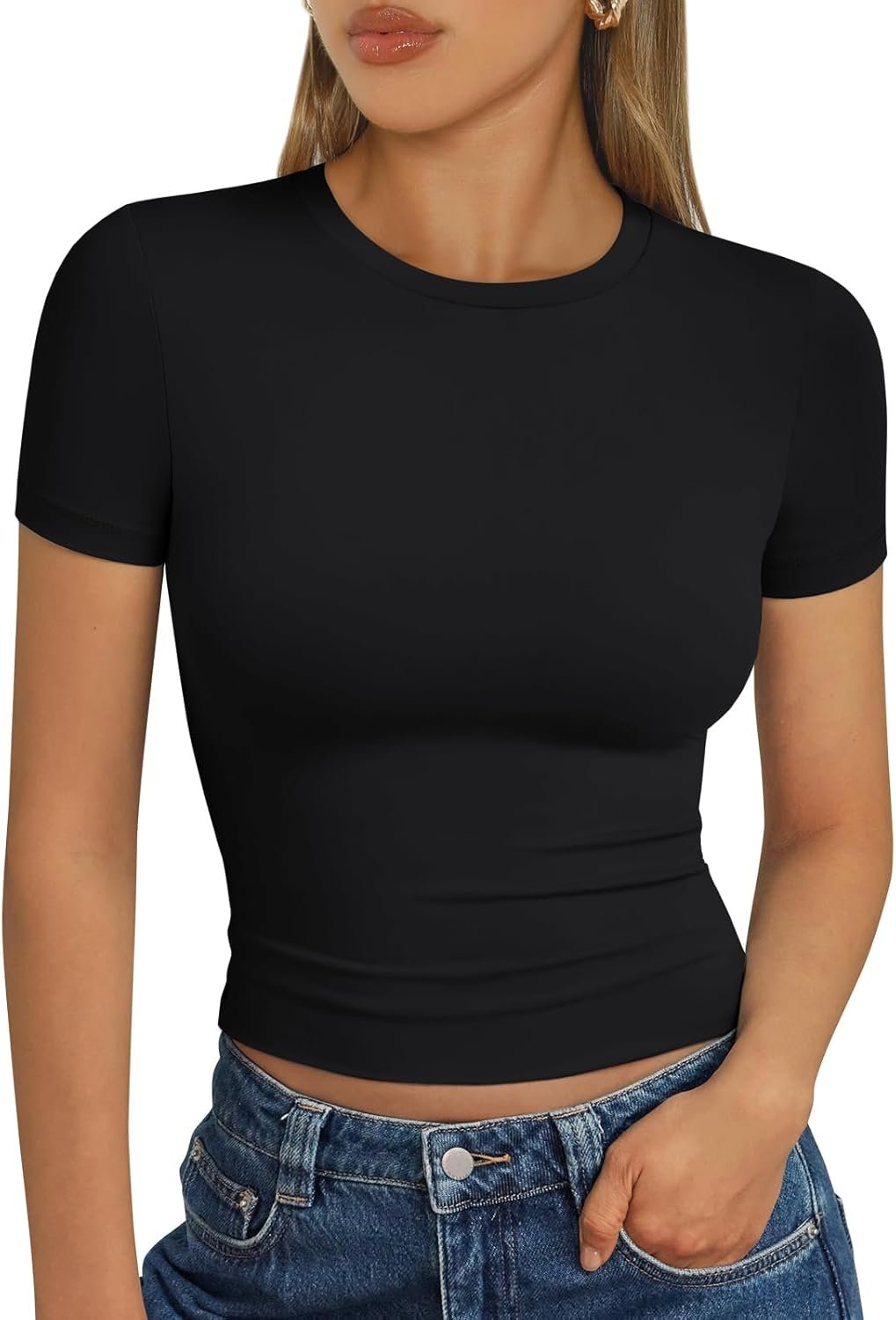 Trendy Queen Womens Short Sleeve T Shirts – Buttery Soft Summer Crop Tops Slim Fit Y2k Basic Tees for Workout