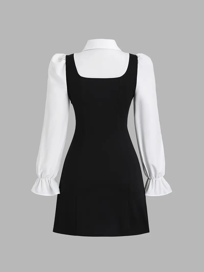 Women Short Dresses 2 In 1 Colorblock Turndown Collar Lantern Sleeve Black Suit Cute Dress