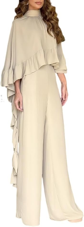 CHICME 2 Pieces Outfits for Women High-Low Ruffles Hem Cape Top and Casual Wide Leg Pants Travel Matching Sets