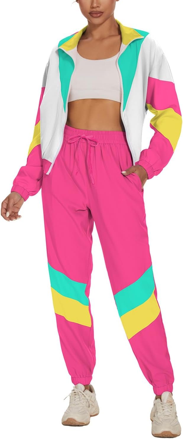 UOUA Women’s Color Block 2 Piece 80s 90s Outfits Long Sleeve Windbreaker Jacket Tracksuit Set