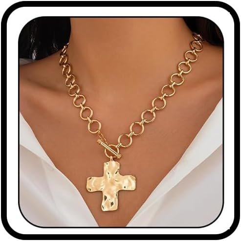 Atiptu Gold Chunky Cross Necklace for Women Statement Cross Pendant Necklace Layered Hammered Bold Cross Necklace Vintage Toggle Clasp Necklace Jewelry
