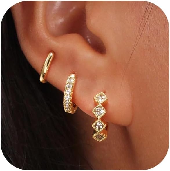 Rotnso Gold Hoop Earrings Set for Women Trendy, 14K Gold Plated Chunky Hypoallergenic Small Diamond Cartilage Hoops Cute Cubic Zirconia Dangle Stud Earrings Jewelry Gifts
