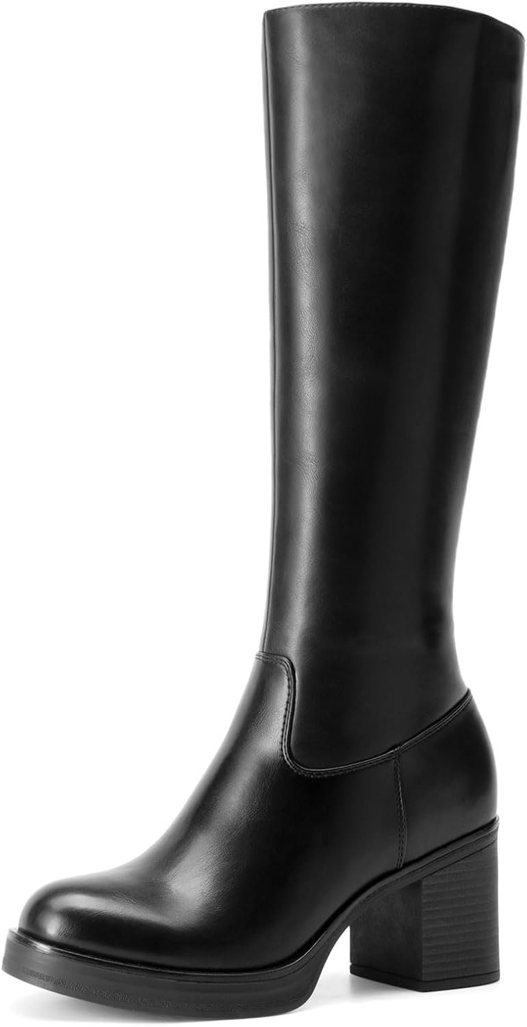 DREAM PAIRS Women’s Knee High Boots Chunky Platform Heel Round Toe Boots for Women Side Zipper Stylish Comfortable Tall Boots