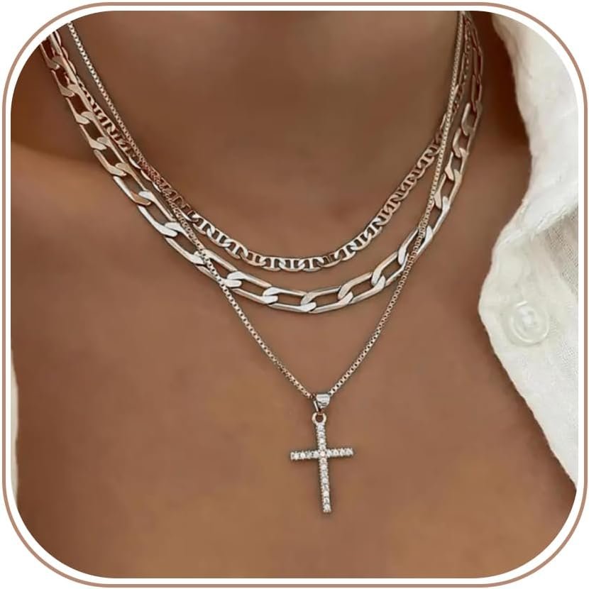 Cross Necklace for Women,Stackable Stacked Stacking Layering Layered Necklaces Dainty Gold Necklace Paperclip Box Flat Mariner Chain Necklace Cross Pendant CZ Diamond Simple Jewelry Gift