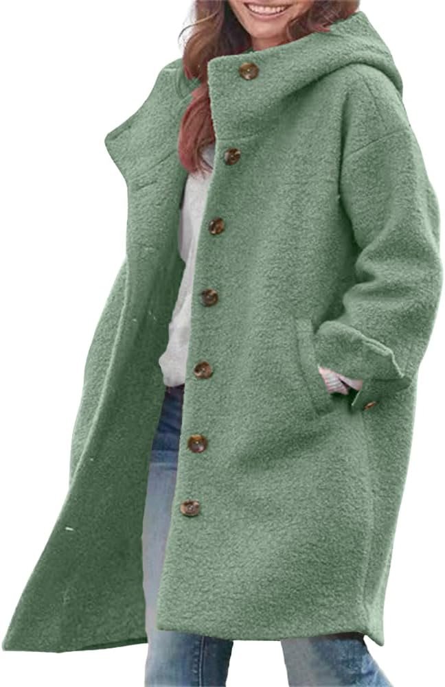 chouyatou Women’s Winter Single Breasted Long Wool Coat with Hood Casual Wool Blend Trench Coat Jacket
