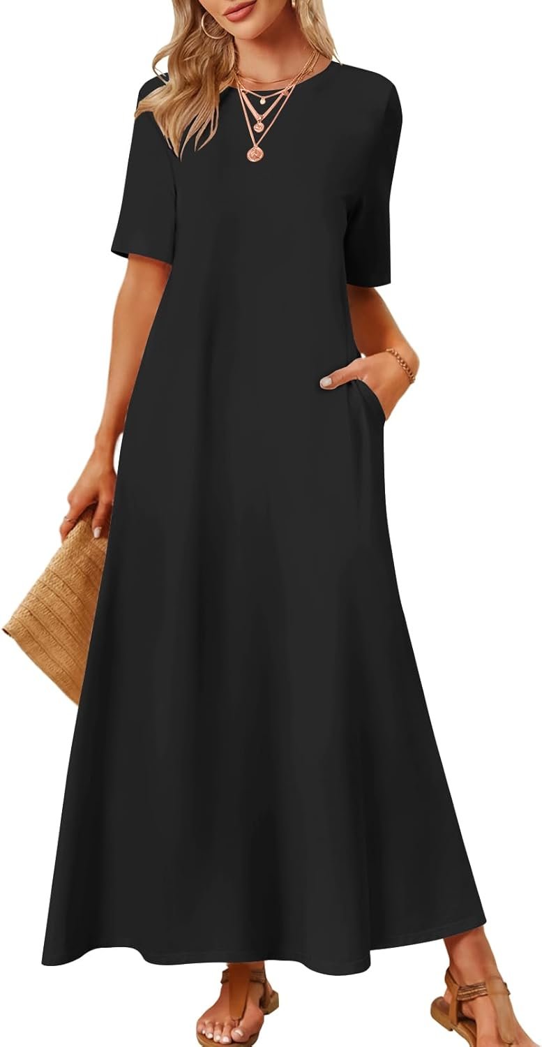 MEROKEETY Summer Casual Maxi Dresses for Women 2026 Vacation Crew Neck Short Sleeve Modest Long T Shirt Dress with Pockets