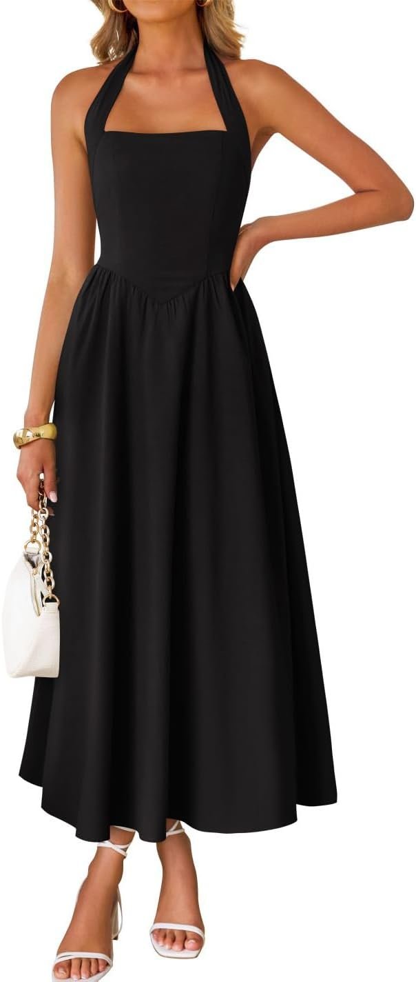 ZESICA Women’s Summer Sleeveless Halter Midi Dress 2026 Off Shoulder High Waist Flowy Formal Wedding Guest Long Dresses
