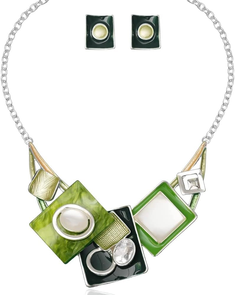 CSY Fashion Boho Oval Crystal Opals Statement Bib Necklace Earrings Bohemian Enamel Costume Jewelry Set Gifts for Women