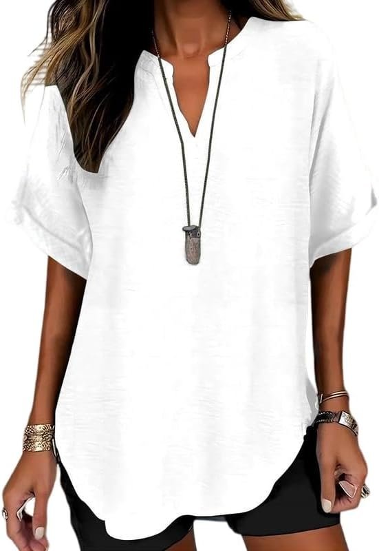Womens Cotton Linen Tops Casual Half Sleeve Crew V Neck Blouse Loose Fit Breathable Summer Tee Shirt