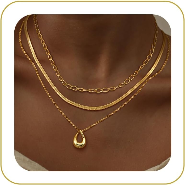 NECOCY Layered Gold Necklaces for Women, Trendy 14k Gold/Silver Plated Pendant Necklace Stack Simple Herringbone Chain Choker Set Gold Jewelry Gifts