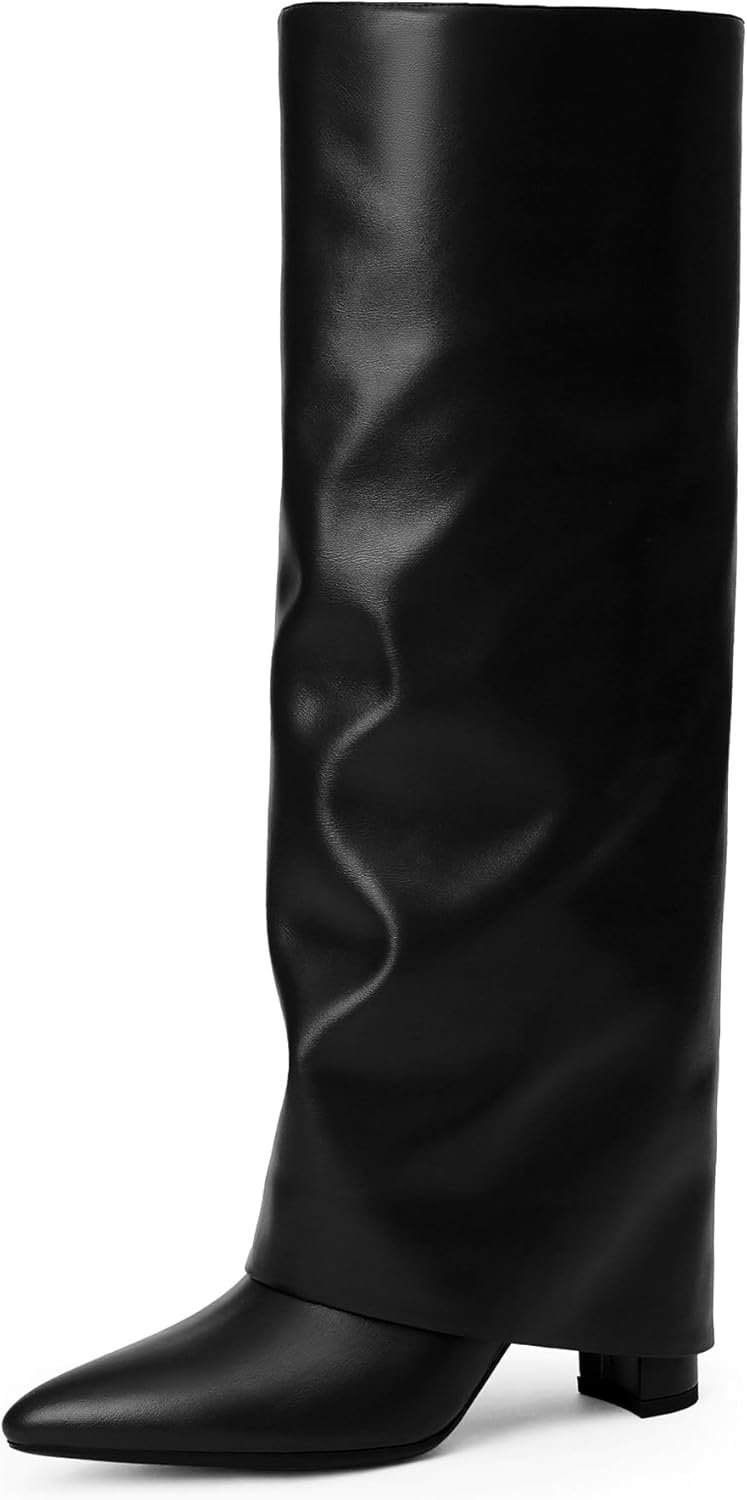 Modatope Knee High Boots Women Fold Over Knee High Boots Chunky High Heels Long Boots Zipper Pointed Toe Dress Tall Boots for Women