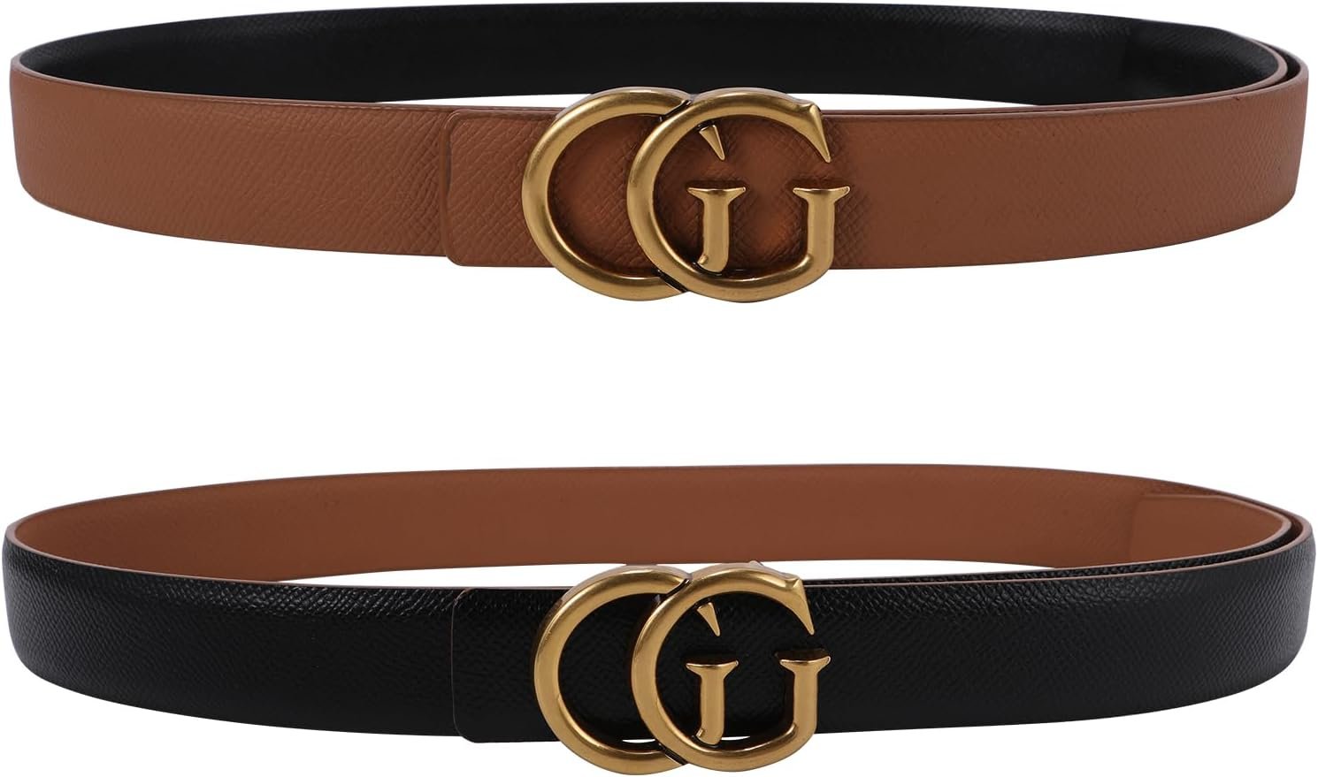 Women Reversible Leather Belt with Fashion G Gold Buckle for Dresses, Jeans, and Coats,width 1.1″