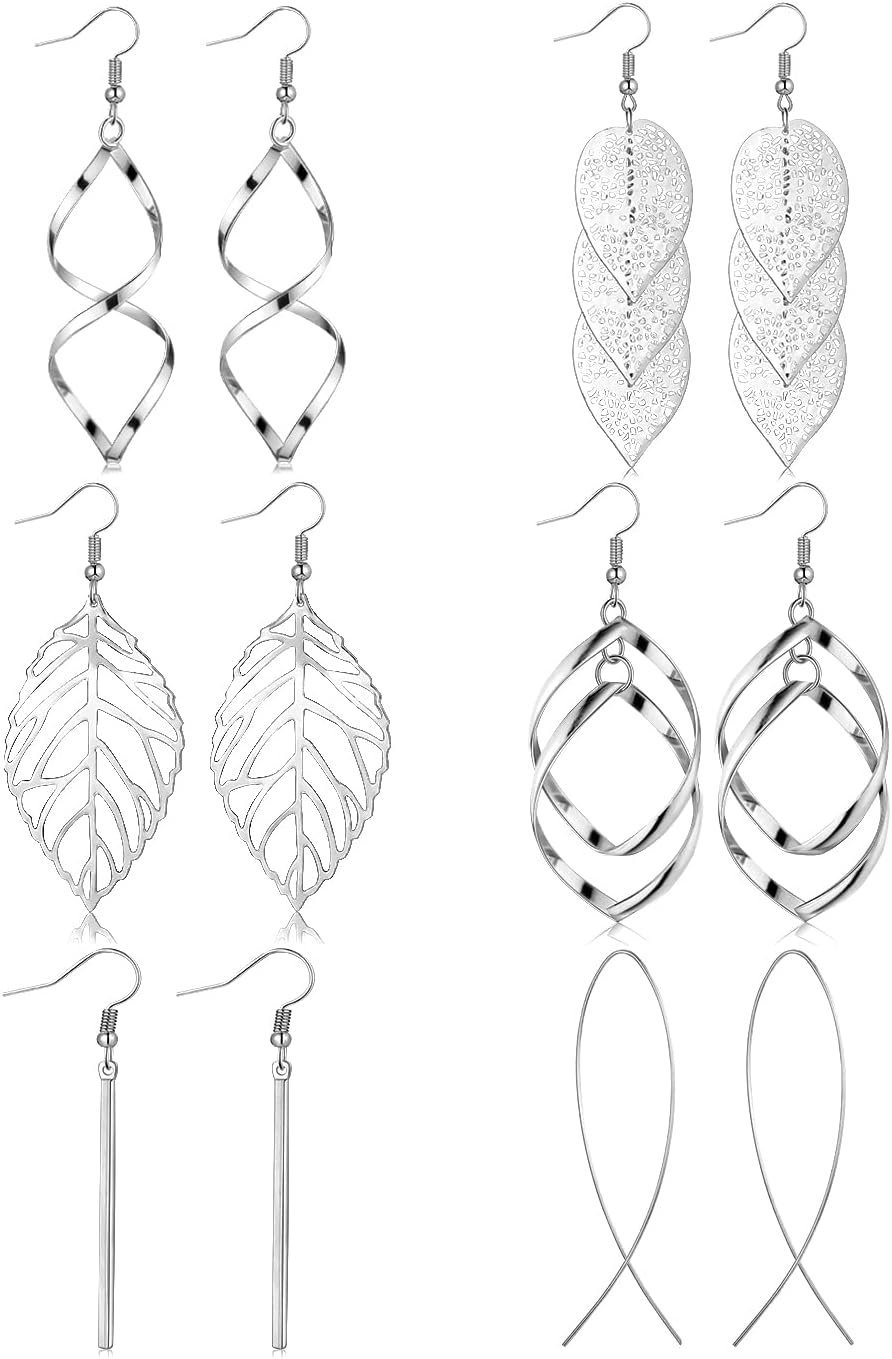 FUNEIA 6 Pairs Drop Dangle Earrings for Women Long Bar Double Twist Wave Curved Threader Cut Out Leaf Lightweight Earrings Set