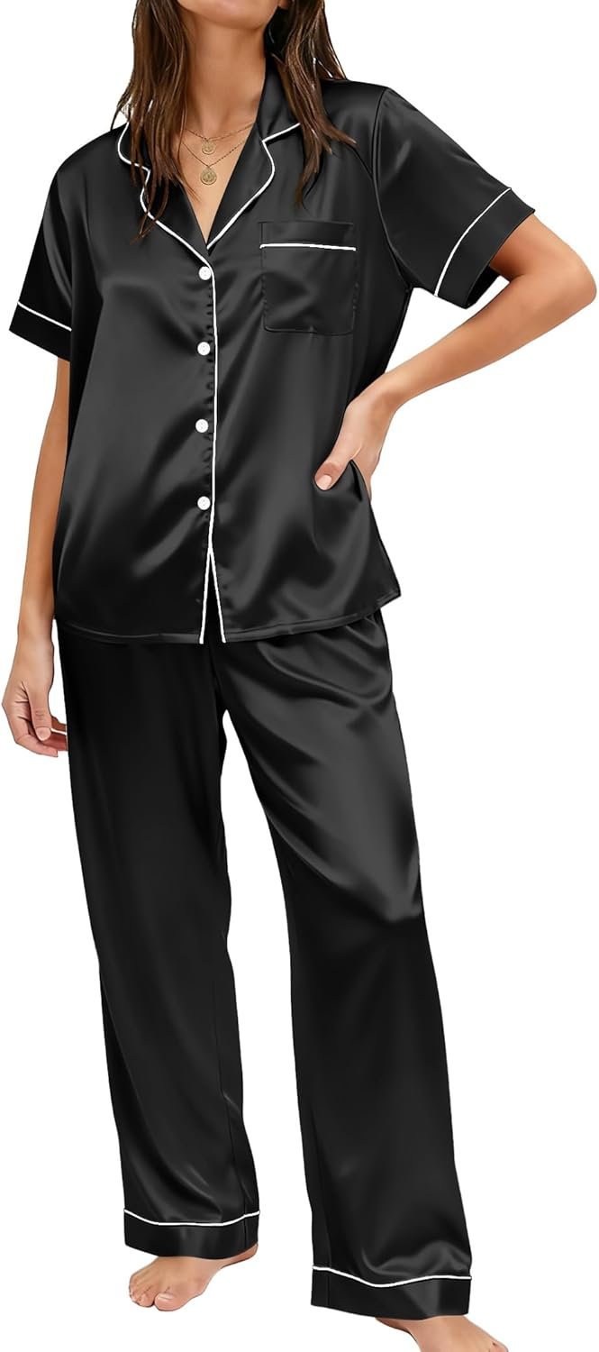 Ekouaer Womens Silky Satin Pajamas Set Short Sleeve Button Down Sleepwear 2 Piece Lounge Set Pj Set