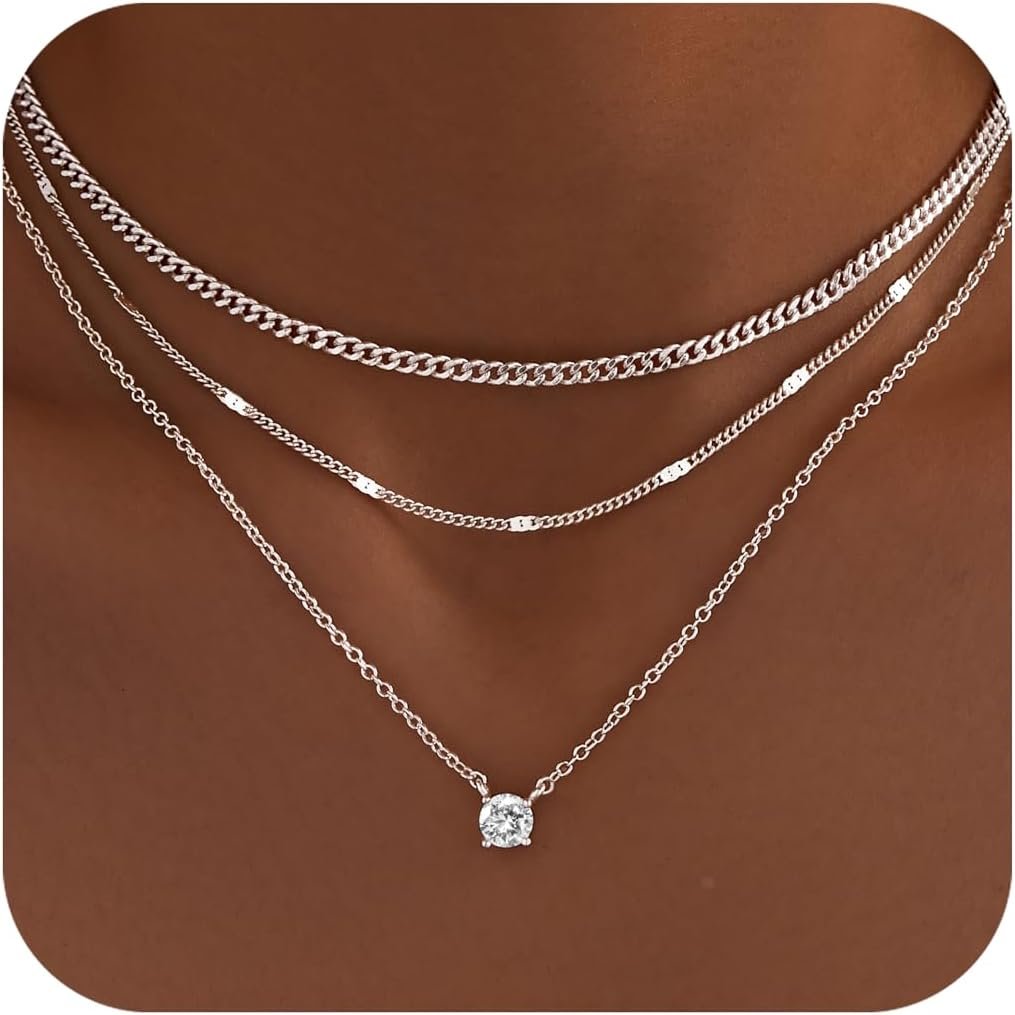 WomenGifts Layered Gold Necklaces for Women, 14K Gold Sterling Silver Plated Dainty Pendant Necklace Set Non Tarnish, Chunky Stackable Cuban Chain Choker, Trendy Personalized Birthstone Jewelry Gift for Mom