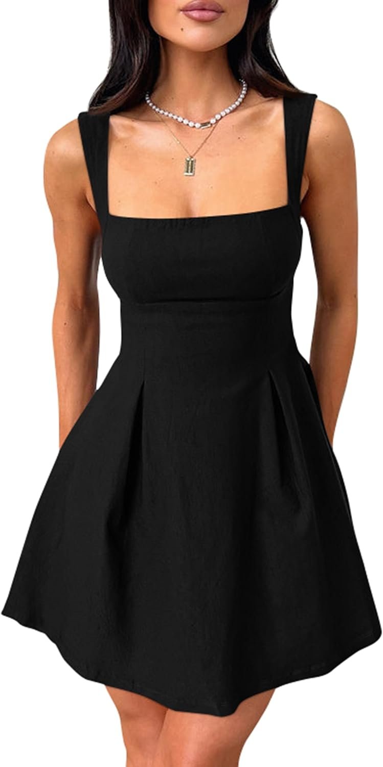 YMDUCH Women’s Sexy Sleeveless Square Neck Adjustable Straps Bow Tie A-line Mini Party Club Dress