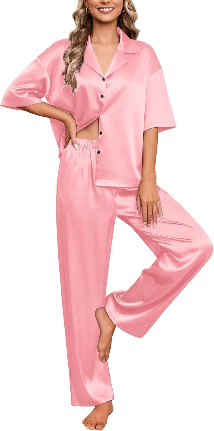 Ekouaer Silk Satin Pajamas Set Women Short Sleeve Pj Sets Button Down Sleepwear 2 Piece Soft Loungewear S-XXL