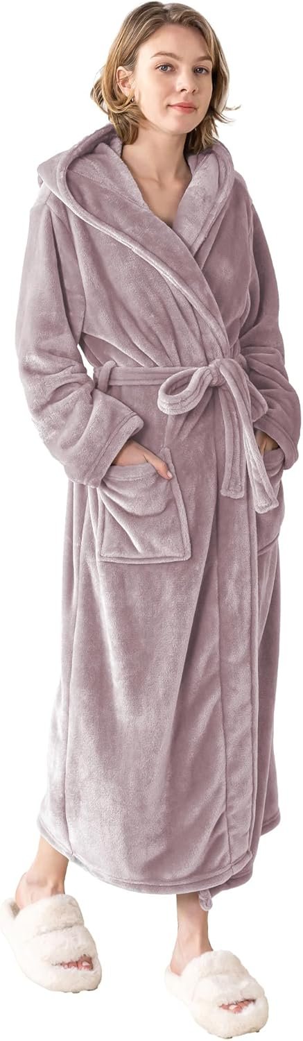 Robes for Women – Hooded Plush Fleece Bathrobe with Sash & Pockets, Full-Length Lightweight Spa Robe