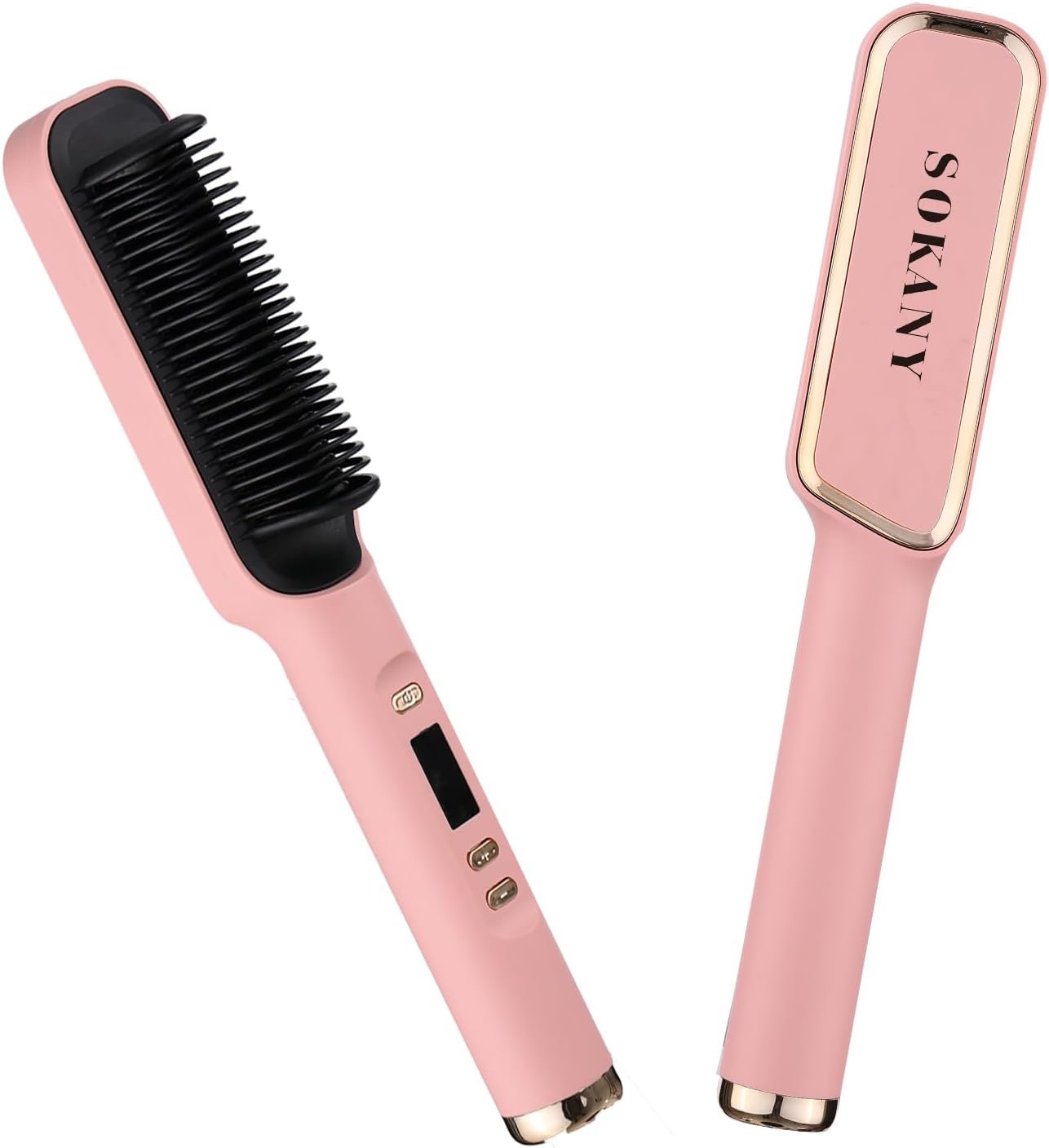 2-in-1 Hair Straightener Brush for Women, Hot Comb with Adjustable Temperature & LCD Display, Anti-Scald Design, PTC Fast Heating in 30s, Auto Shut-Off, Professional Styling Tool (Pink)