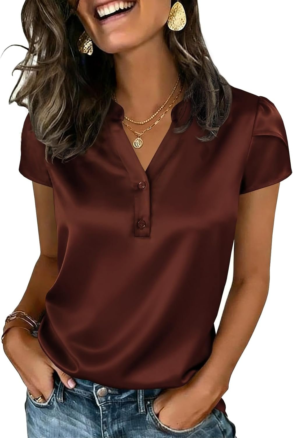 Yousify Women Satin Blouse for Women Business Work Tops Casual Cap Sleeve V Neck Button Down Shirts