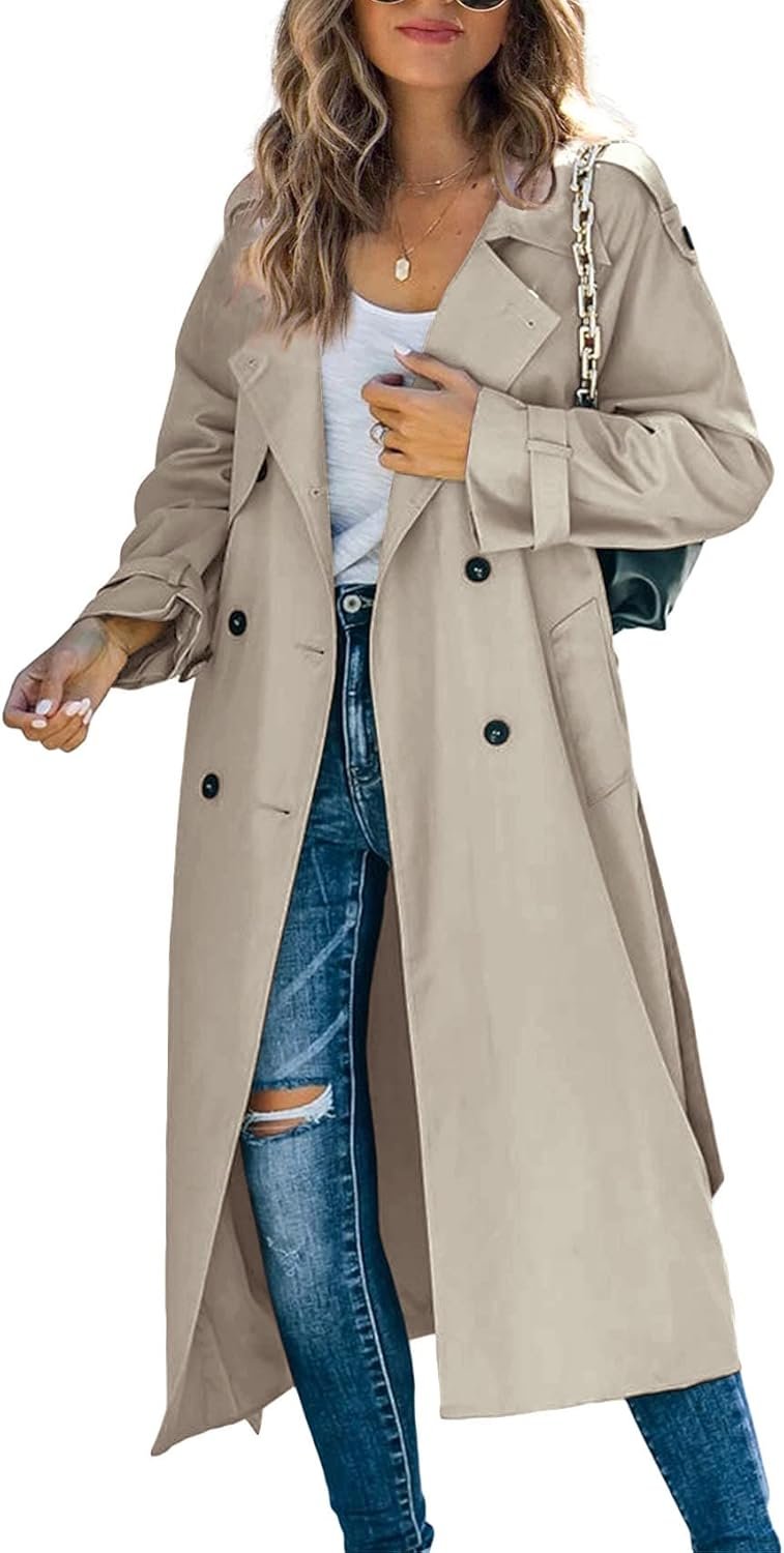 Makkrom Women’s Double Breasted Long Trench Coat Windproof Classic Lapel Slim Overcoat with Belt