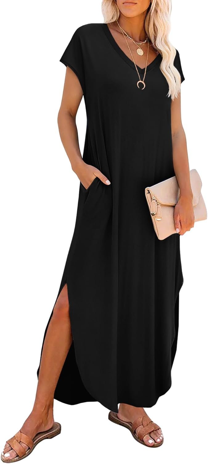RUMIA Summer Casual Maxi Dresses for Women- Women’s V Neck Cap Sleeve Long Sundress with Pockets Beach Vacation