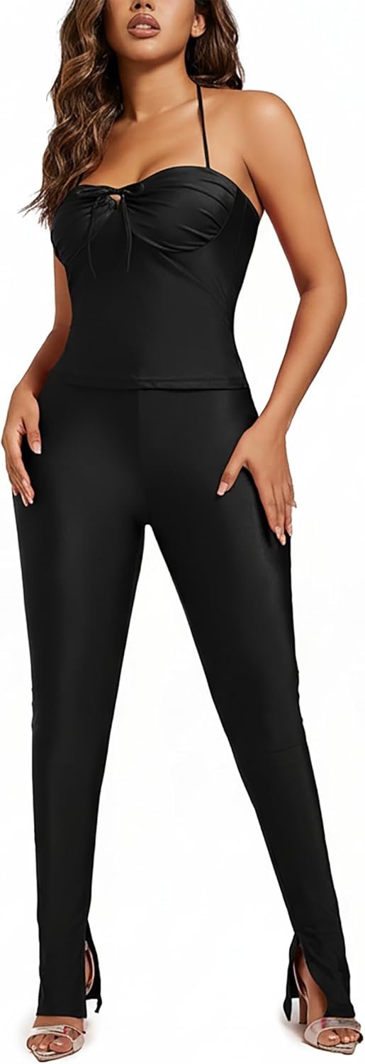 Women’s Shiny 2 Piece Outfit Adjustable Halter Neck Crop Top High Waisted Split Pants Metallic Clubwear Party Set
