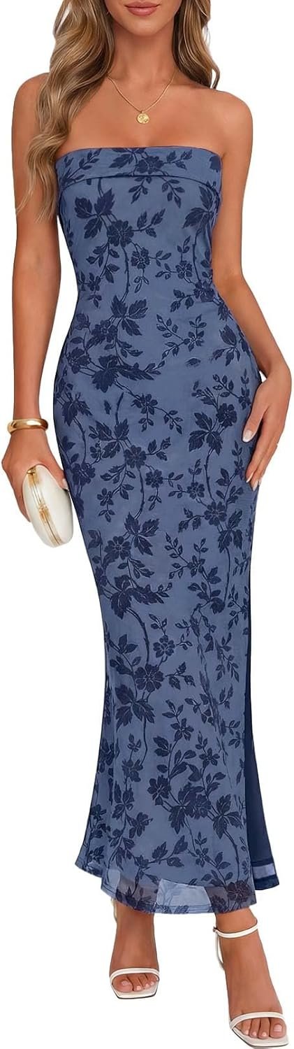 MEROKEETY Women’s 2026 Summer Wedding Guest Dresses Formal Strapless Bodycon Floral Tube Mesh Cocktail Party Maxi Dress