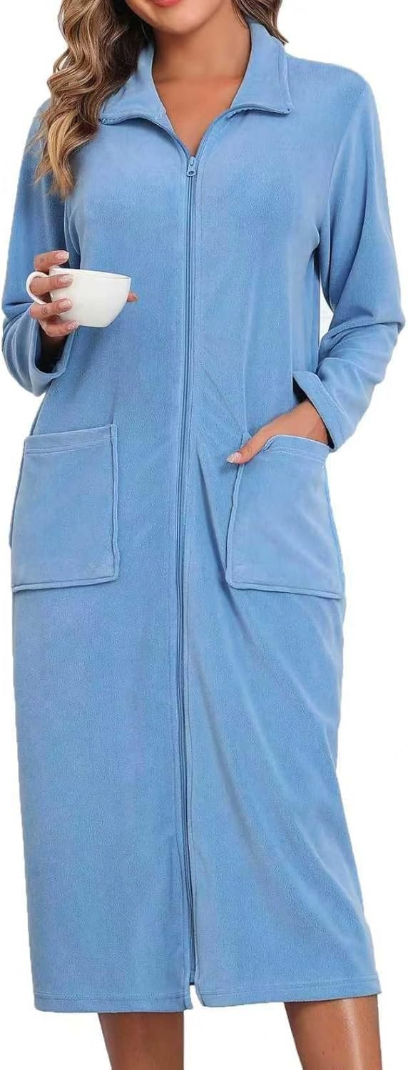 Viakeo Fleece Robes For Women Zipper Nightgown Long Bathrobe Lightweight Housecoat With Pockets S-3XL