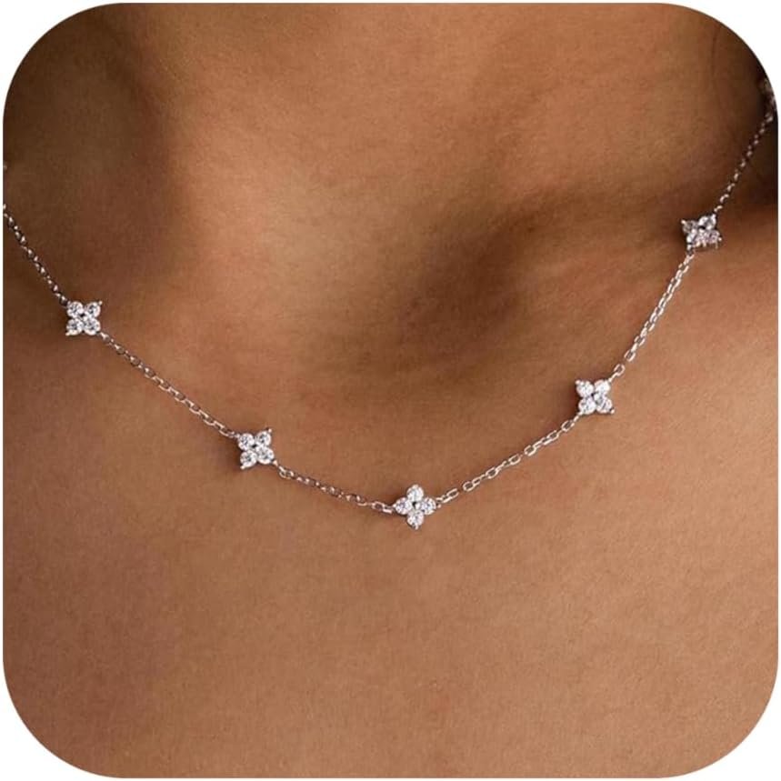 Mothers Day Gifts – Dainty Silver Gold Necklaces for Women Cute Station Choker Simulated Diamond Necklace Simple Layering CZ Necklace Trendy Jewelry Gifts