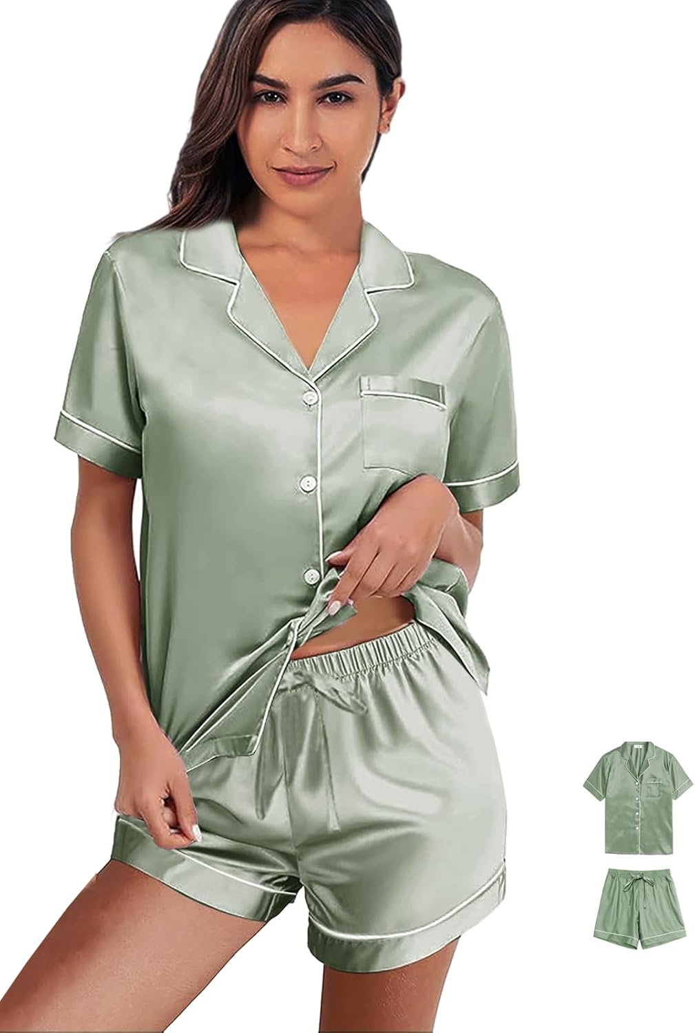 WJing Yi Jia Womens Silk Satin Pajama Sets XS-2XL Sleepwear Silky Pajamas Stripe Loungewear Bridal Pjs Set