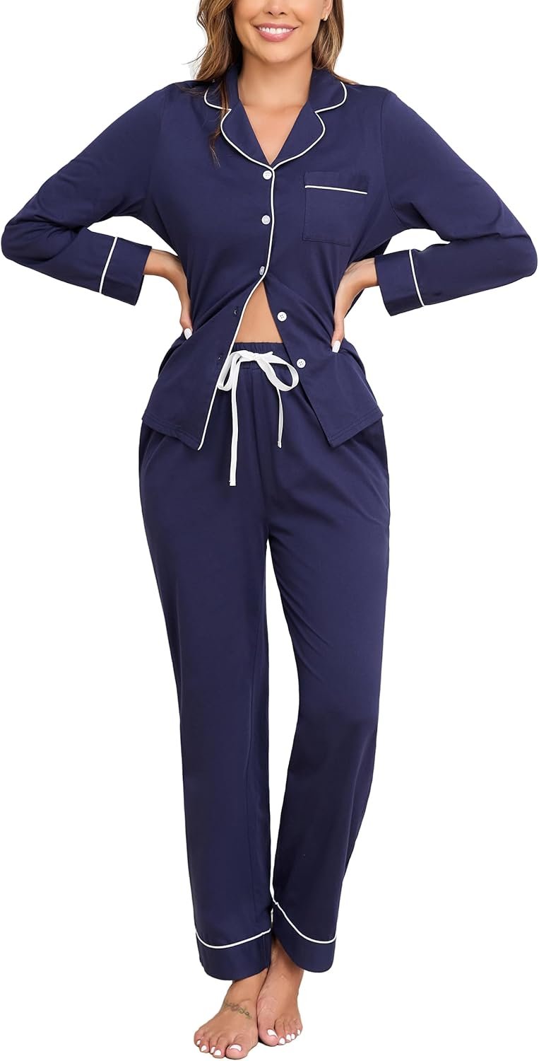 Veseacky 100% Cotton Women’s Pajama Set Long Sleeve Button Down Sleepwear Soft Pjs Lounge Sets Nightwear Pjs XS-XXL