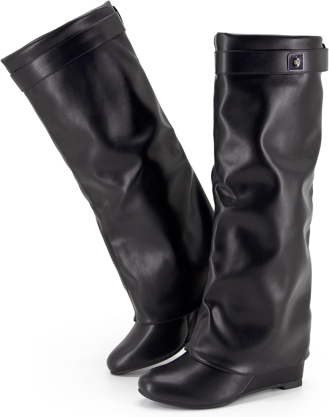 Fold Over Boots Women’s Knee High Shark Boots Round Toe Wedge Heel Flat Shoes for Fall Winter Dress Shoes