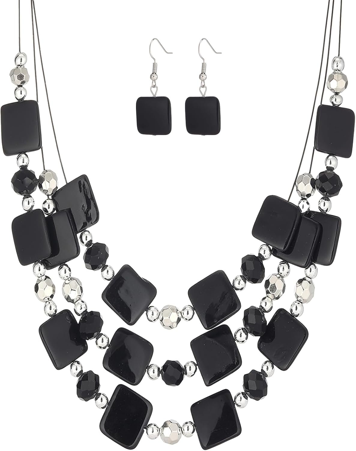 Layered Beaded Statement Necklaces for Women Square Shell Bead Collar Necklace and Earring Set Birthday Gifts Boho Jewelry Sets for Women