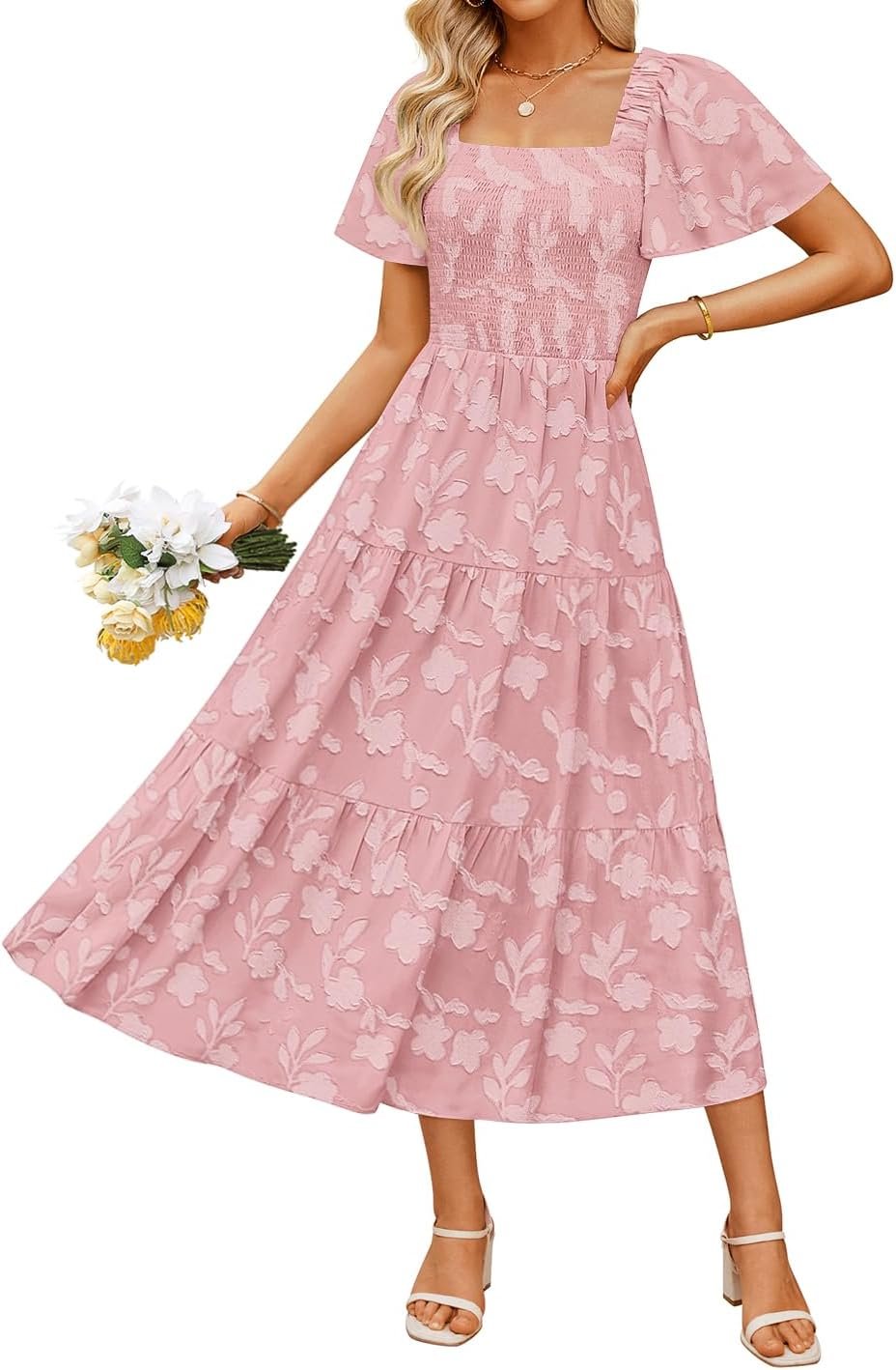 ZESICA Women‘s Summer Boho Floral Midi Dress 2026 Casual Short Sleeve Square Neck Flowy Beach Vacation Long Dress