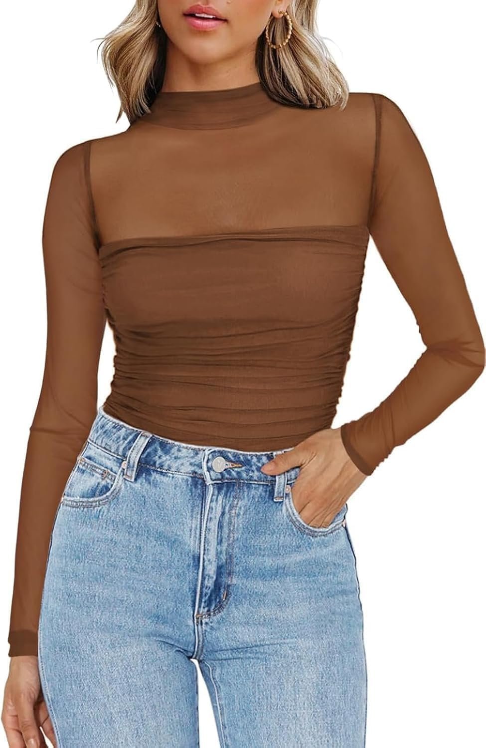 Zeagoo Womens Mesh Sheer Long Sleeve Top Mock Turtle Neck See Though Shirts Ruched Sexy Casual Going Out Blouses