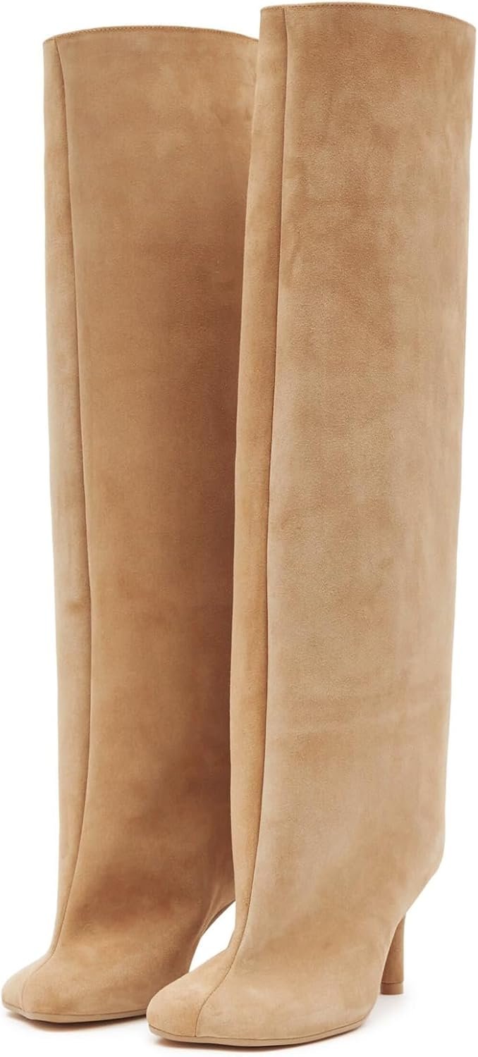 UBWDU Women’s Suede Knee High Boots Square Toe Stiletto Heels Wide Calf Tall Boots