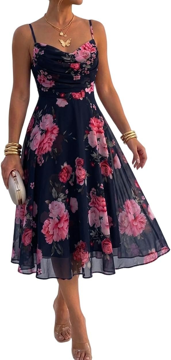 CHICME Womens Floral Mesh Midi Dress 2026 Summer Cowl Neck Adjustable Strap A Line Cinched Zipper Back Cocktail Party Dress