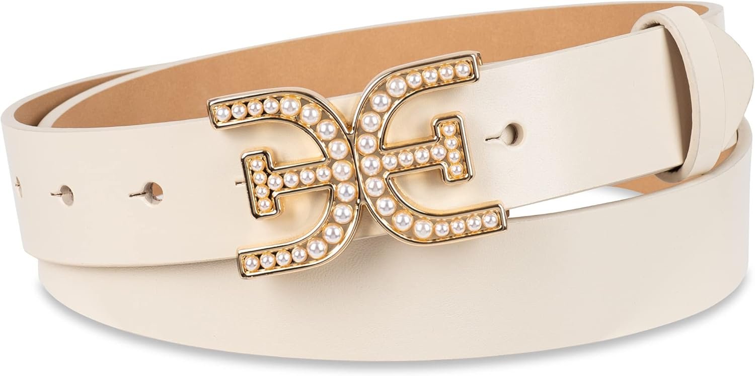 Sam Edelman Women’s Imitation Pearl Embellished Double-E Logo Plaque Buckle Leather Belt for Jeans, Dresses and Trousers