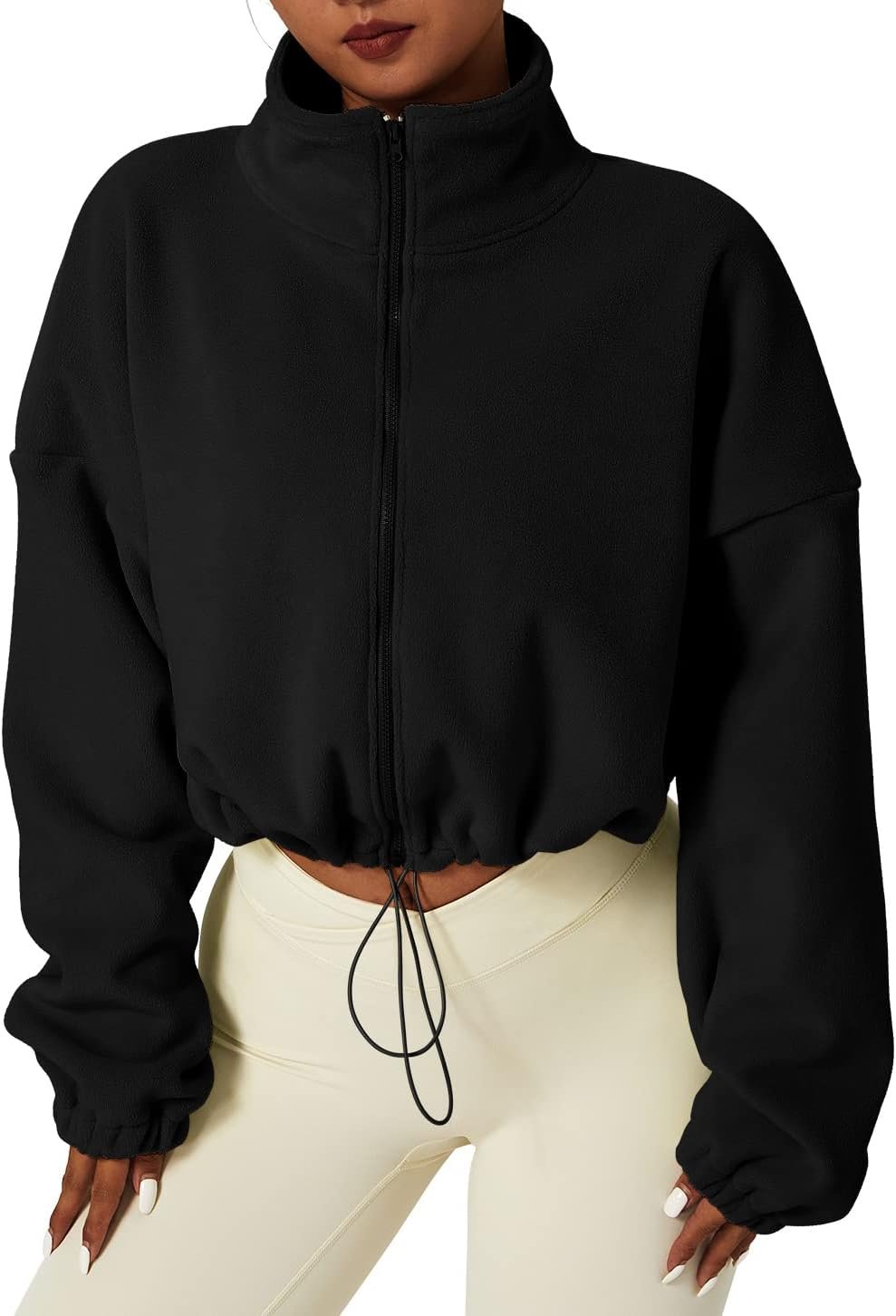 QINSEN Women’s Full Zip Fleece Short Jacket Warm Winter Long Sleeve Stand Collar Sherpa Crop Coat