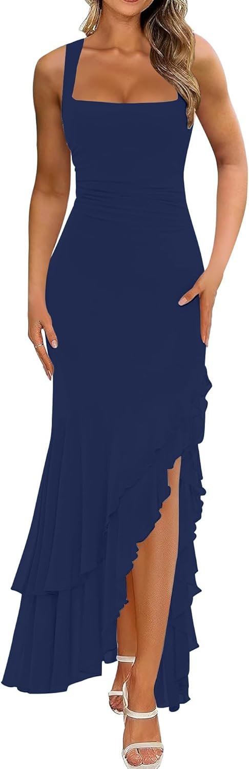 BORIFLORS Women’s Elegant Bodycon Ruched Maxi Cocktail Dress Mesh Sleeveless Mermaid Ruffle Beach Wedding Guest Long Dresses
