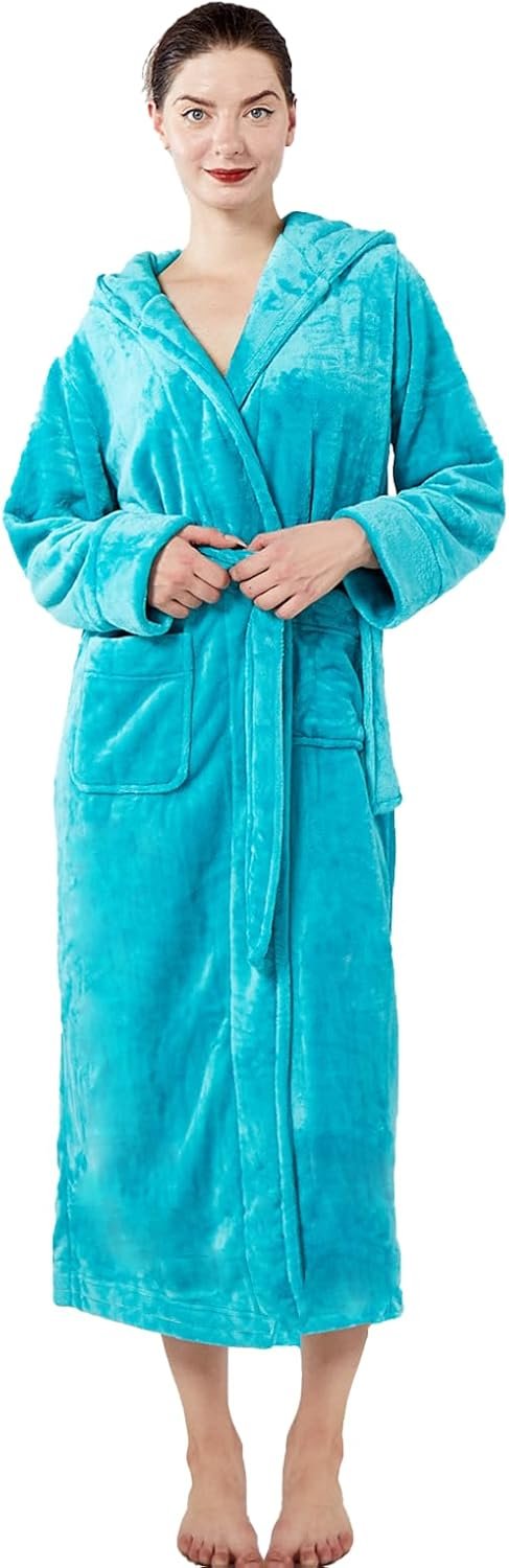 Womens Fleece Hooded Fluffy Bathrobe Plush Long soft cozy Winner Warm fuzzy Spa Robe with deep pockets