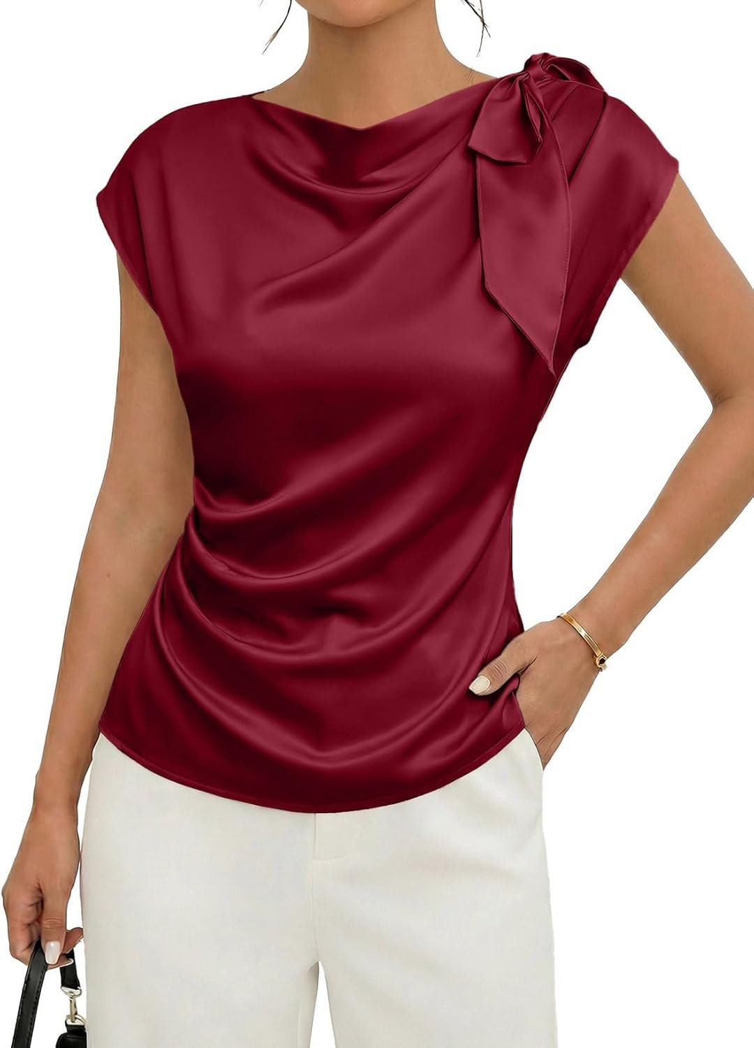 EVALESS Satin Blouses for Women Dressy Casual Trendy Business Work Silk Tops Outfits Cowl Neck Bow Tie Pleated Summer Shirts