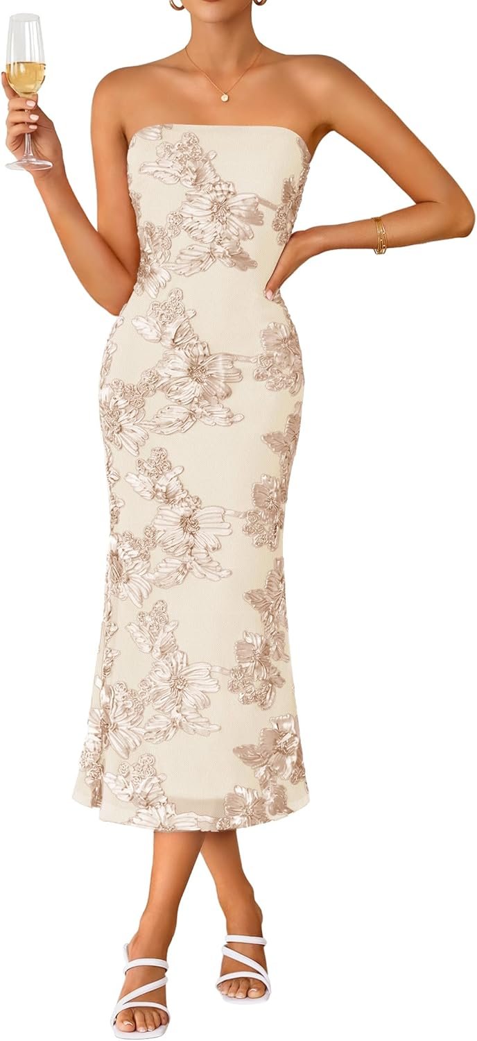 ZESICA Women’s Summer Strapless Floral Midi Dress 2026 Bodycon Mesh Tube Wedding Guest Cocktail Party Formal Dresses