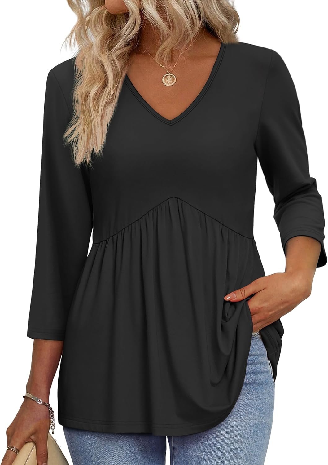 3/4 Length Sleeve Womens Tops 2025 Blouses for Women Dressy Casual Fashion Clothing V Neck Babydoll Tops Fall Outfits