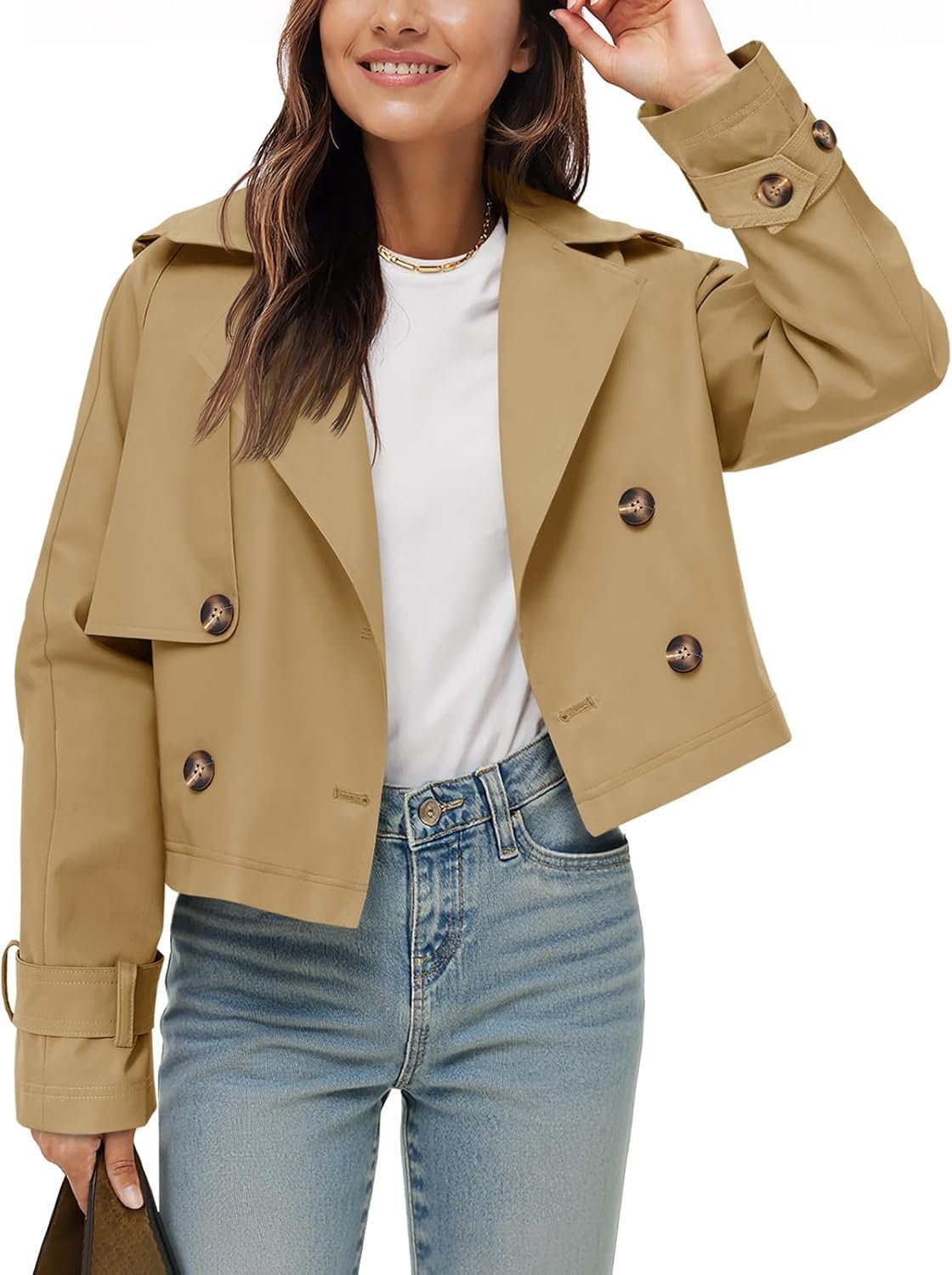 Tankaneo Womens Cropped Trench Coat Lapel Double Breasted Short Jacket Outwear
