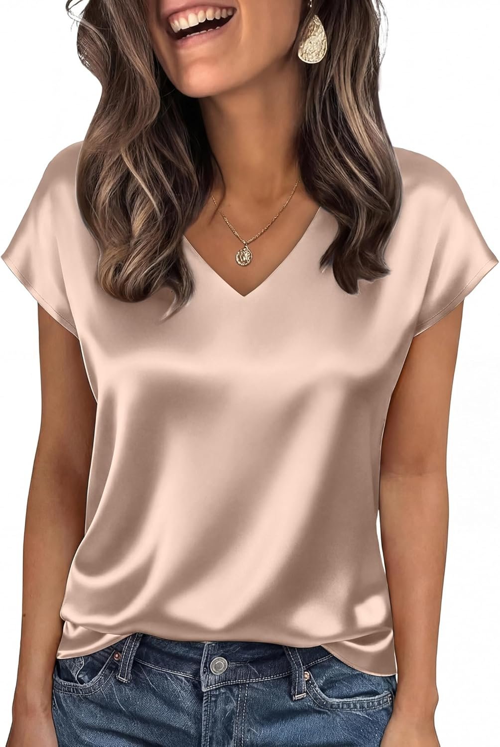 WIHOLL Womens Satin Summer Tops Cap Short Sleeve Blouses V Neck Shirts Business Casual Outfits Fashion Clothing 2026