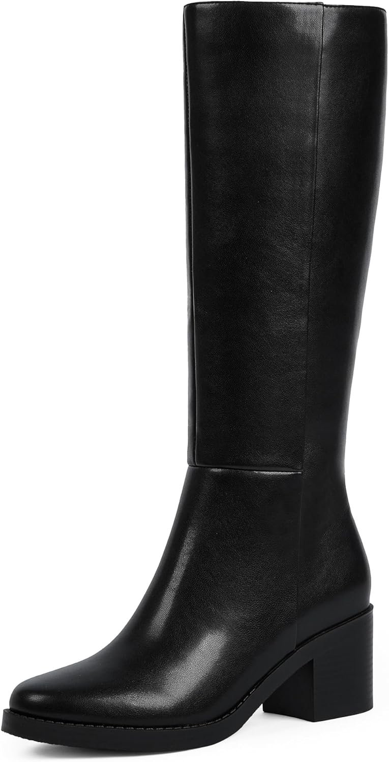 Easyfox Knee High Boots for Women 2.56″ Chunky Heel Round Toe Side Zipper Fall Winter Dress Tall Boots for Women