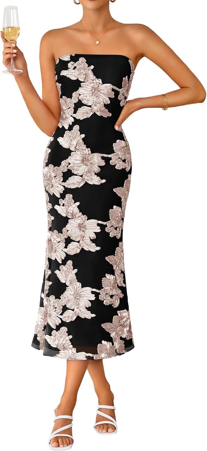 ZESICA Women’s Summer Strapless Floral Midi Dress 2026 Bodycon Mesh Tube Wedding Guest Cocktail Party Formal Dresses