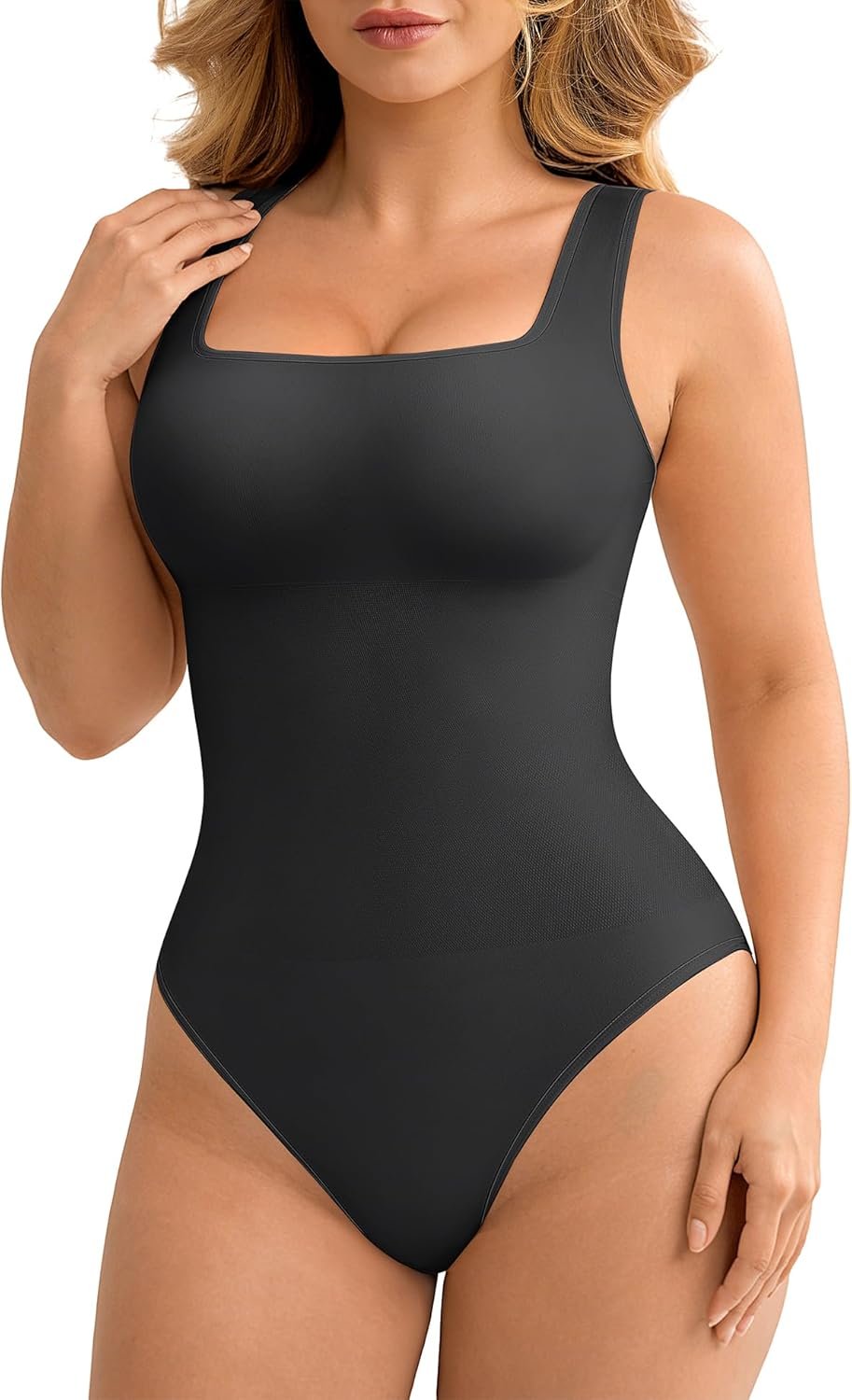 FeelinGirl Bodysuits for Women Seamless Square Neck Tummy Control Compression Thong Shapewear Bodysuit Tank Tops Bodysuit
